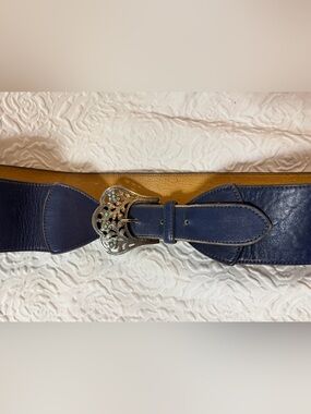 VTG Industria Milano Navy Leather Waist Belt Made In Italy Filigree Silver
